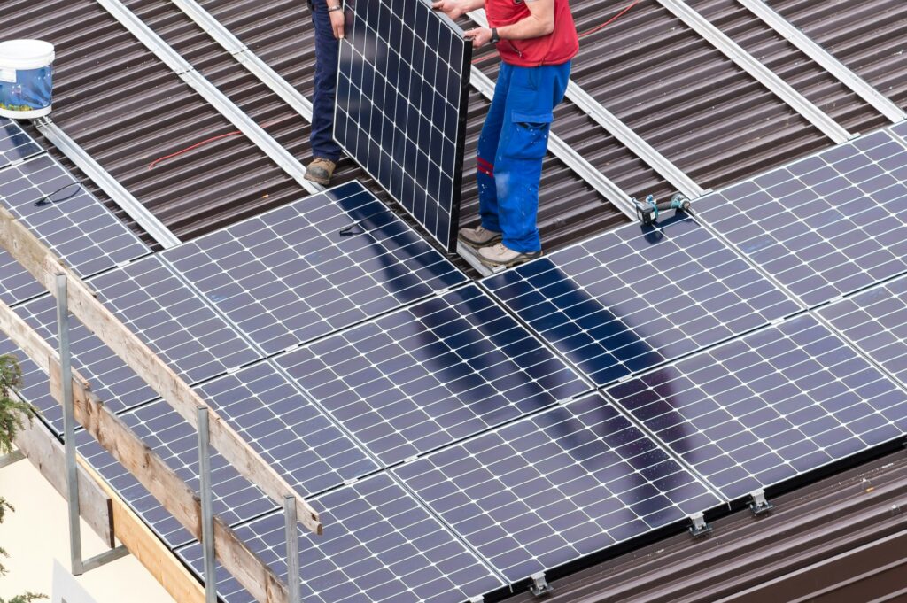 Solar panel and workers.